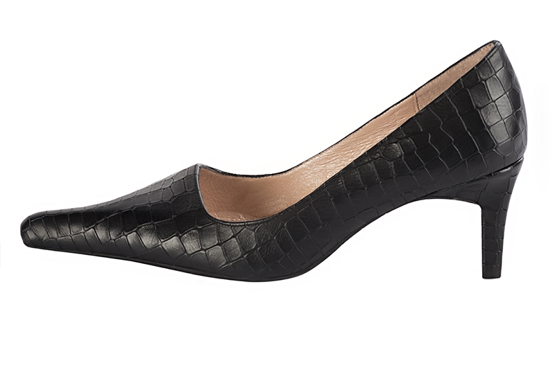 Satin black women's dress pumps,with a square neckline. Pointed toe. Medium comma heels. Profile view - Florence KOOIJMAN
